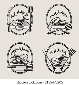 Fisch Fleisch Lebensmittel Etiketten und Elemente Set. Sammlung Symbol Fischfleisch. Vektorgrafik