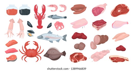 Fish and meat food set. Collection of fresh delicious meal. Seafood, salmon, sausage and steak. Realistic shape. Isolated vector cartoon illustration