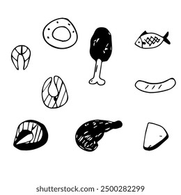 Fish and meat for grilling vector set. Doodle elements.