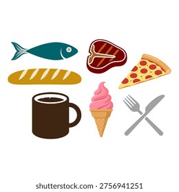 Fish meat pizza coffee and dessert food vector set illustration