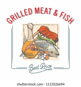 Fish, meat, ribs, mushrooms, vegetable oil, advertising sign on white background, best price, lettering, illustration, vector
