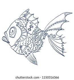 fish with mechanical parts of body. Hand drawn background of animal robot fish mechanical objects