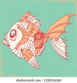 fish with mechanical parts of body. Hand drawn steampunk color illustration of animal robot fish on old paper