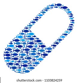 Fish medication granule mosaic in blue color tinges. Vector fish items are grouped into medication granule illustration. Nautical abstract design.