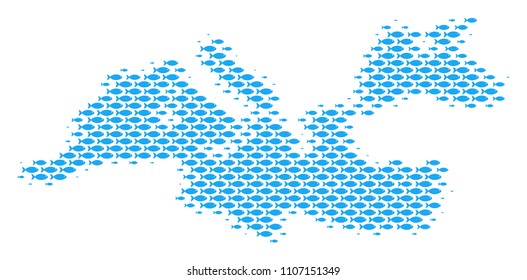 Fish Mediterranean Sea map. Vector geographic scheme designed with fish symbols. Nautical design concept of halftone Mediterranean Sea map mosaic.