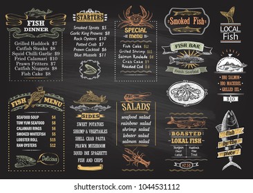 Fish menu chalkboard designs set, hand drawn graphic illustration