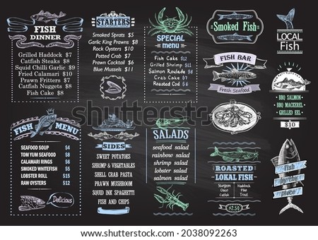 Fish menu chalkboard designs set, hand drawn graphic illustration