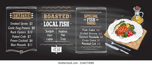 Fish menu chalkboard mockup with salmon steak on a plate hand drawn vector illustration