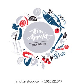 Fish menu design. Fresh farm products. Bon appetite. Sea food