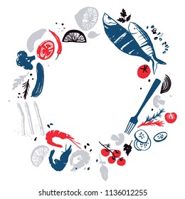 Fish menu design. Fresh farm products. Bon appetite. Sea food