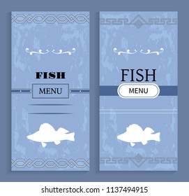 Fish menu elegant vintage vector concept on bluish shabby background with decorative twirl, geometric pattern and seafood illustration silhouette.