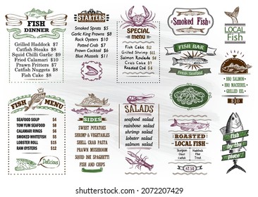 Fish menu elements and symbols set, hand drawn vector graphic illustration