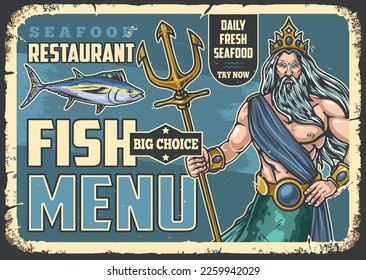 Fish menu flyer vintage colorful with Poseidon and tuna for showcase cafe or restaurant with seafood vector illustration