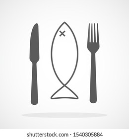 Fish menu icon. Fish with fork and knife isolated. Black vector icons