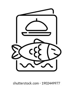 Fish menu icon vector. Food court list of  seafood, salmon are shown in outline style. Pollock or carp symbol. Halibut or  trout sign in outline style.
