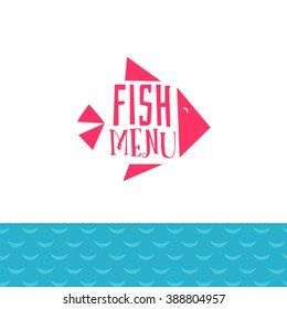 Fish menu logo with sea waves decor. Fish menu typography logo design. Restaurant or cafe special fish lunch menu logo. Fun fish design. 