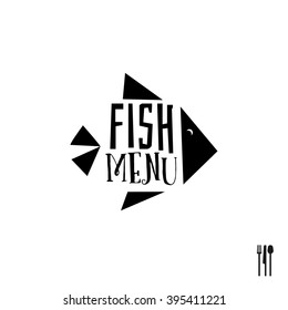 Fish menu logo. Vector design. Flat simple creative concept for menu design. Seafood and fish restaurant logo. 