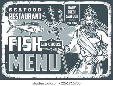 Fish menu monochrome vintage flyer with underwater god Poseidon and tuna on old signboard of seafood restaurant vector illustration