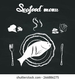 Fish menu sketches. Chalkboard Background. Vector illustration dorado fish on plate.
