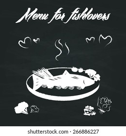 Fish menu sketches.Chalkboard Background. Vector illustration.
