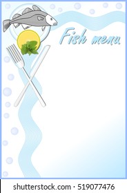 Fish menu template with a cod fish on plate, lemon and mint, knife and fork. 