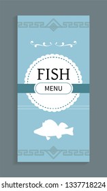 Fish menu template, vector seafood dishes list with marine animal silhouette. Vector cover mockup with ornamental frame, salmon or trout emblem on blue
