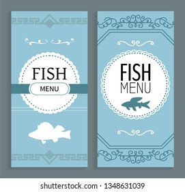 Fish menu vector, prices on food and dishes dietary products. Meat in different eatery, banner with ornaments and prepared ingredients brochures set