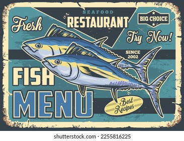 Fish menu vintage poster colorful for seafood restaurant with gourmet tuna prepared according to chef recipe vector illustration