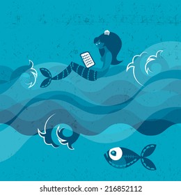 Fish and mermaid floating on waves. Sea concept. Vector illustration. 