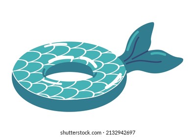 Fish or Mermaid Tail with Scales Inflatable Swimming Pool Ring, Tube, Float. Summer Vacation Holiday Rubber Object, Traveling, Beach Ocean Toy Isolated White Background. Cartoon Vector Illustration