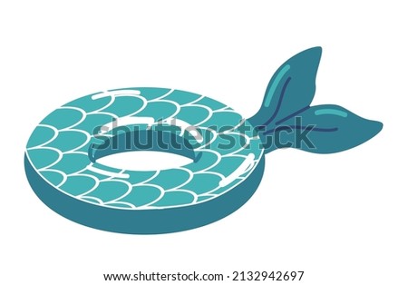 Fish or Mermaid Tail with Scales Inflatable Swimming Pool Ring, Tube, Float. Summer Vacation Holiday Rubber Object, Traveling, Beach Ocean Toy Isolated White Background. Cartoon Vector Illustration