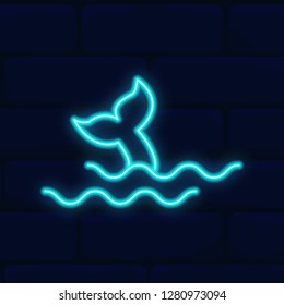 Fish Mermaid Undine in wave Neon Sign Vector. 