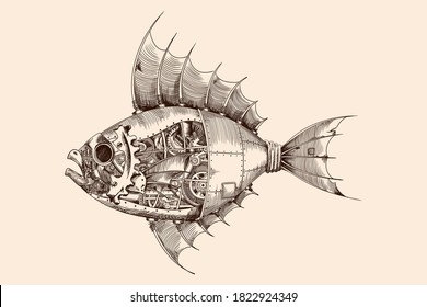 Fisch mit einem Metallkörper auf mechanischer Steuerung im Steampunkstil.