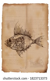 Fisch mit einem Metallkörper auf mechanischer Steuerung im Steampunkstil auf dem Hintergrund von altgekrempeltem Papier mit Zeichnungen, Formeln und technischen Noten.