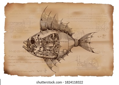 Fisch mit einem Metallkörper auf mechanischer Steuerung im Steampunkstil auf dem Hintergrund von altgekrempeltem Papier mit Zeichnungen, Formeln und technischen Noten.