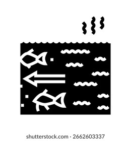 Fischwanderung Störung Verschmutzung Glyphe Symbol Vektor. Verschmutzungszeichen für Wanderungsunterbrechung. einzelne Symbolgrafik