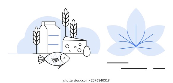 A fish, milk carton, cheese, egg, and wheat plants are arranged in a neat composition next to a stylized blue flower. Ideal for nutrition healthy diet balanced eating health food lifestyle design