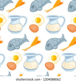 Fisch und Milch, Eier und Weizenmehl nahtlose Muster
