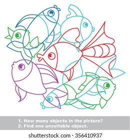 El pescado se mezcla con el conjunto colorido en el vector. Busque todos los objetos ocultos en la imagen. Buscar un objeto no adecuado.