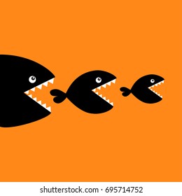 Fish Monster Eating Each Other. Three Fishes. Food Chain. Black Color Silhouette. Cute Cartoon Character Set. Baby Kids Collection. Happy Halloween. Orange Background. Isolated. Flat Design Vector