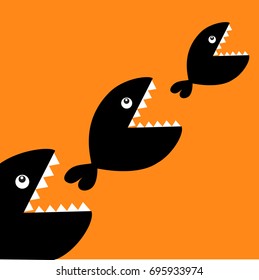 Fish monster eating each other. Three fishes. Food chain. Black color diagonal silhouette. Cute cartoon character set. Baby kids collection. Happy Halloween. Orange background. Flat design Vector