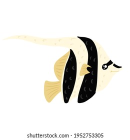 Fish Moorish Idol isolated on white background. Funny aquatic character in stripes in hand drawn style. Design vector illustration for any purposes.
