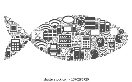 Fish mosaic icon organized for bigdata and computing illustrations. Vector fish mosaics are organized from computer, calculator, connections, wi-fi, network,