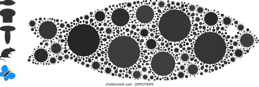 Fish mosaic icon. Vector mosaic organized with scattered bacilla parts. Infection mosaic fish icon, and other icons. Fish mosaic for isolation templates.