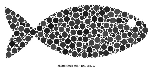 Fish mosaic of round dots in various sizes and color tints. Round dots are organized into fish vector composition. Vector design concept.