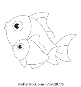 Fish mother and baby cartoon. Outlined illustration with thin line black stroke