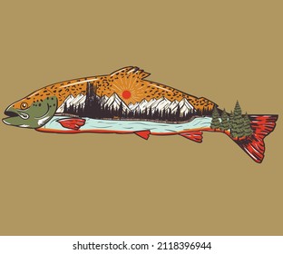 Fish with mountain graphic print design for t shirt , sticker, posters and others. Mountain lake artwork design.