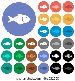 Fish multi colored flat icons on round backgrounds. Included white, light and dark icon variations for hover and active status effects, and bonus shades on black backgounds.