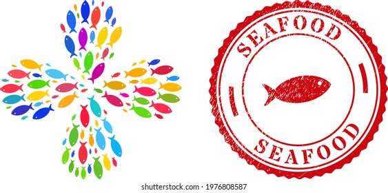 Fish multicolored rotation flower with 4 petals, and red round SEAFOOD grunge stamp. Fish symbol inside round stamp print. Object flower with 4 petals designed from scattered fish symbols.