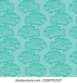 fish Mural seamless pattern in vector. Vintage mural illustration for design projects or textile design .